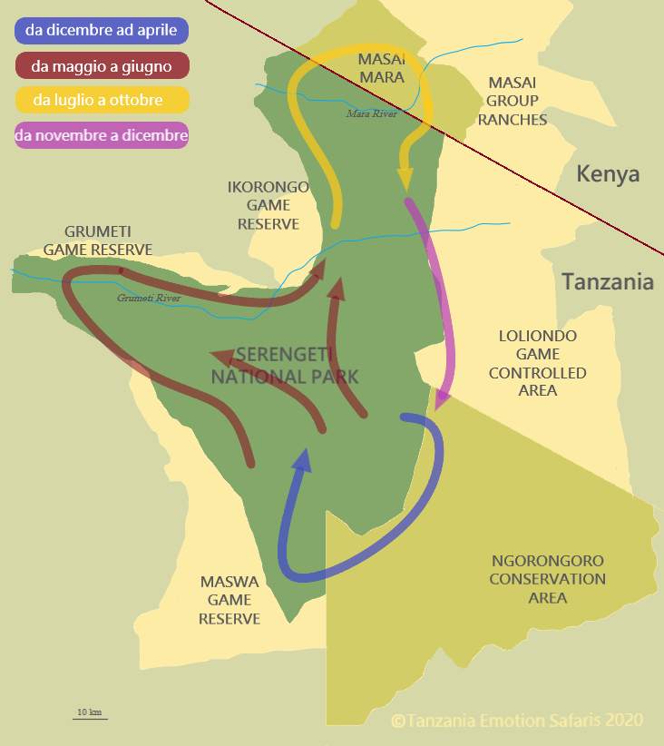 La grande migrazione nel Serengeti mappa